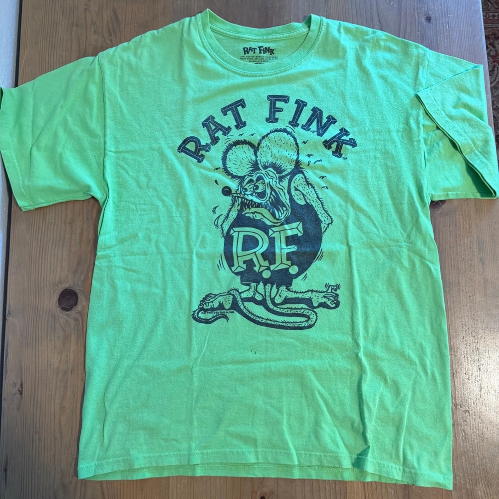 Rat Fink Ed Roth Mens Graphic Shirt Lime Green Large RF Logo 2008 Hot Rod Tee